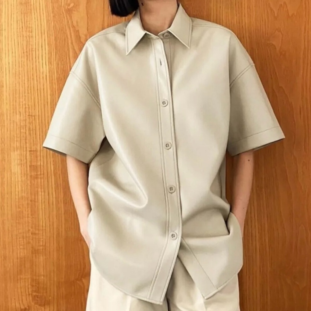 Babaton Frances cream tan Vegan Leather button down Shirt size small